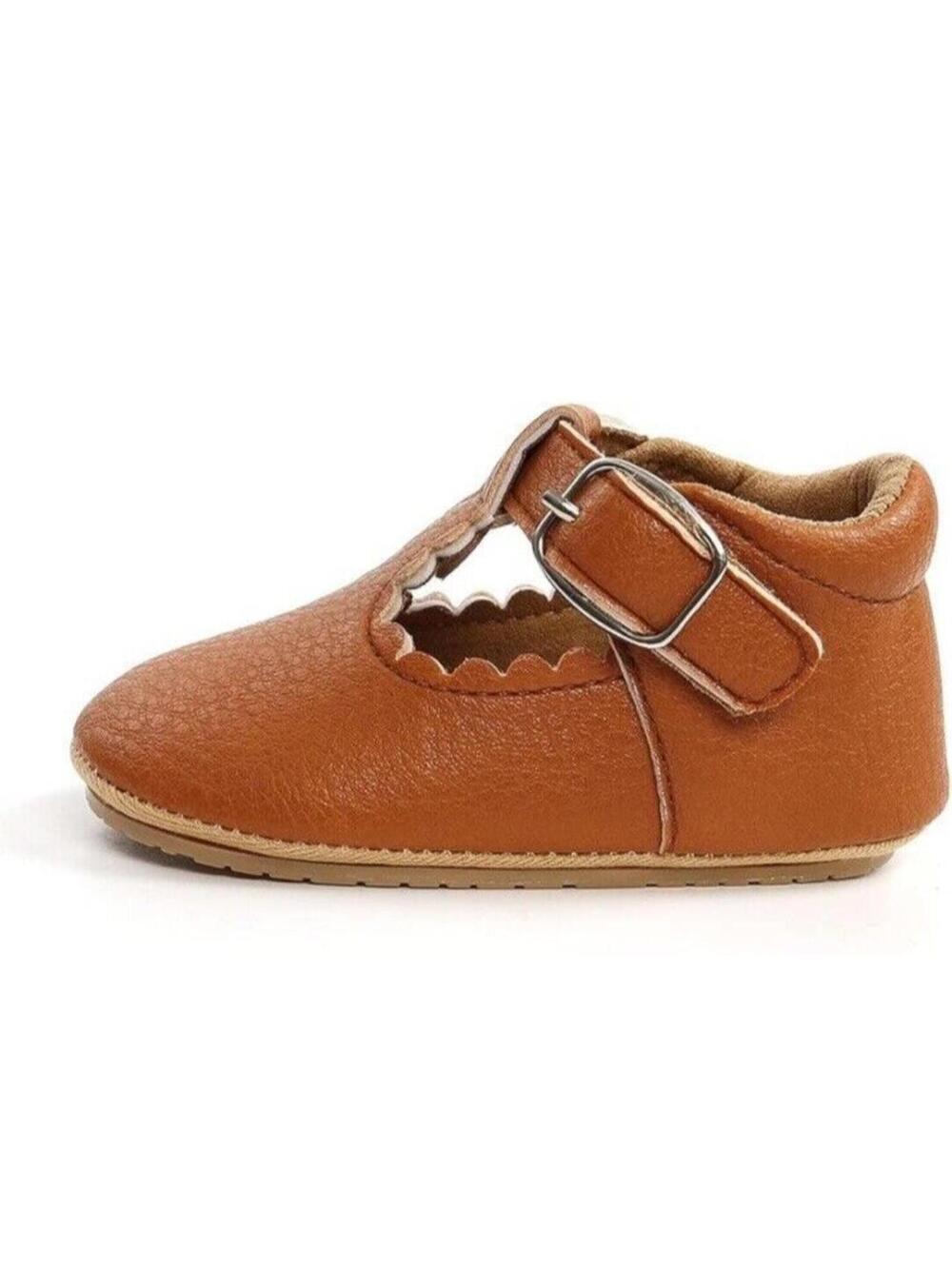 Baby Girl Pre-Walking Shoes 0-6 Month Mary Jane Brown Tan Soft Anti-Slip With Wh - Picture 2 of 6